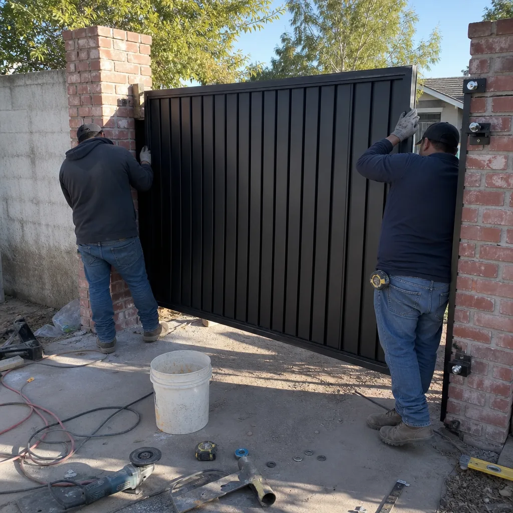 Professional technicians installing a black metal gate at a residential property