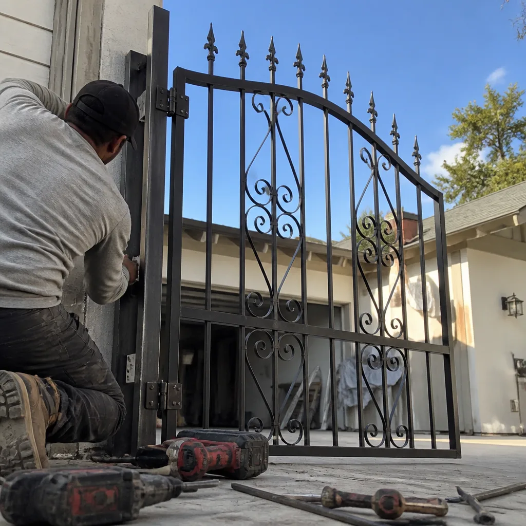 Professional gate installation with decorative black wrought iron gate