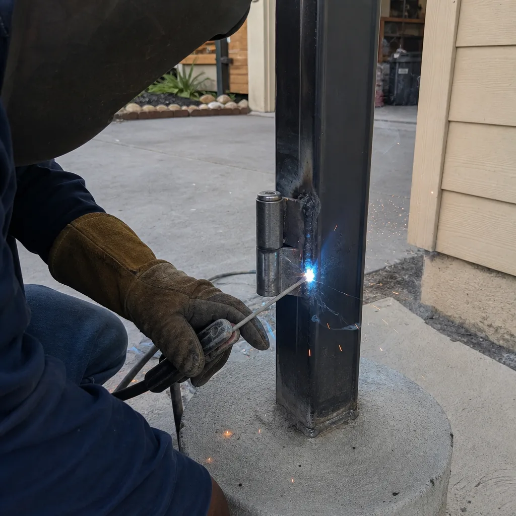Welder installing a heavy-duty metal gate hinge on a post